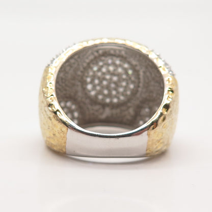925 Sterling Silver Gold Plated Pave C Z Hammered Finish Wide Ring Size 8.25