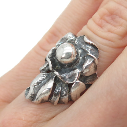 925 Sterling Silver Vintage Modernist Flower Oxidized Ring Size 4.5