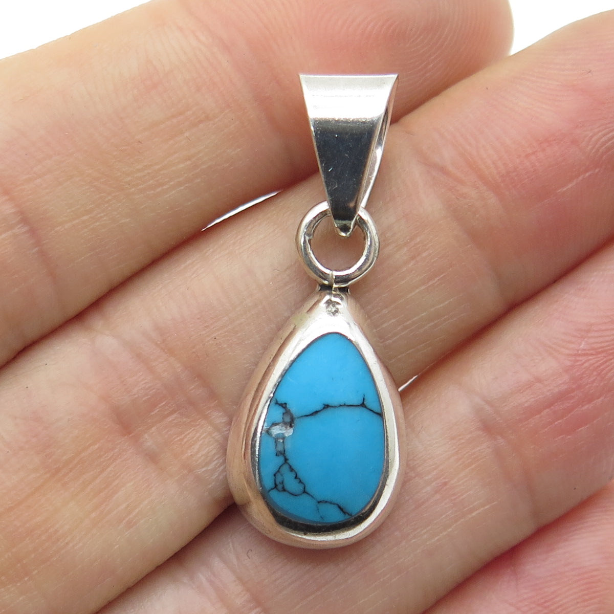 925 Sterling Silver Vintage Real Turquoise Teardrop Pendant