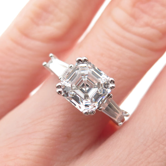 925 Sterling Silver Asscher & Tapered Baguette-Cut C Z Engagement Ring Size 5.25