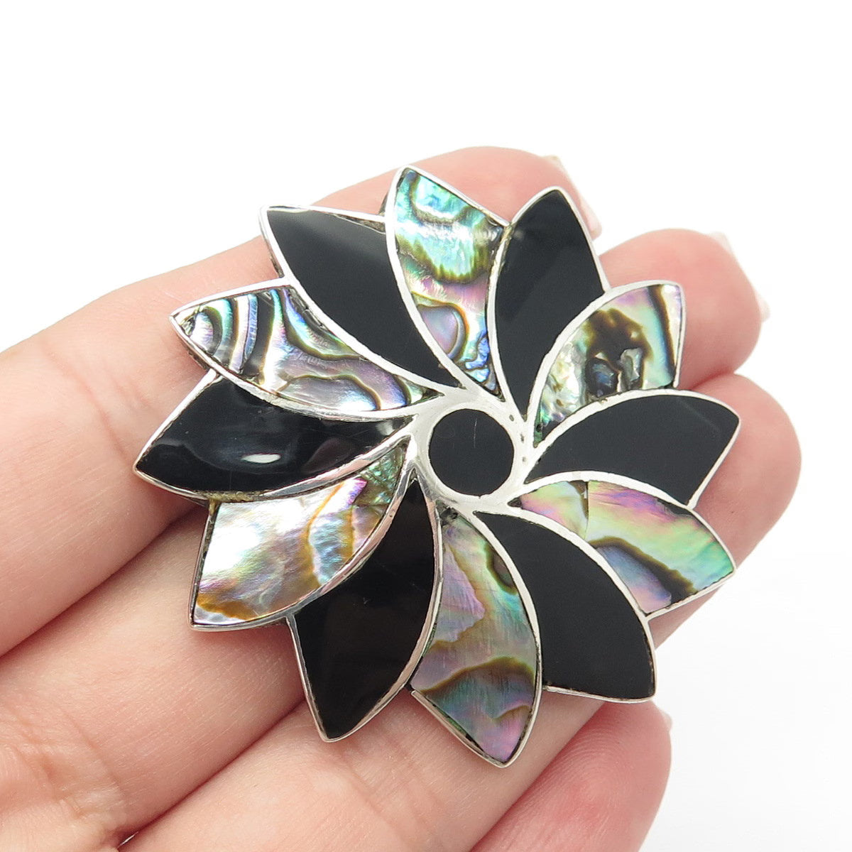 925 Sterling Silver Vintage Mexico Taxco Abalone Shell & Black Onyx Gem Brooch