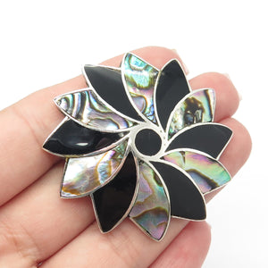 925 Sterling Silver Vintage Mexico Taxco Abalone Shell & Black Onyx Gem Brooch