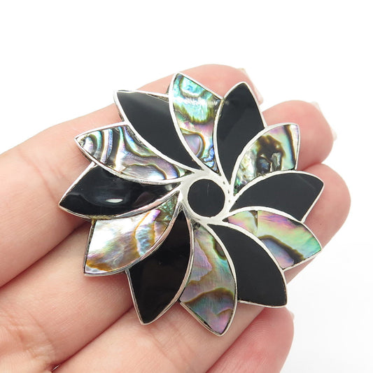 925 Sterling Silver Vintage Mexico Taxco Abalone Shell & Black Onyx Gem Brooch