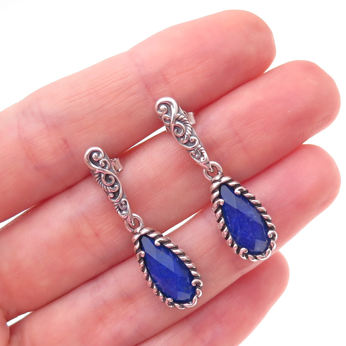 Carolyn Pollack 925 Sterling Silver Vintage Real Lapis Swirl Dangle Earrings