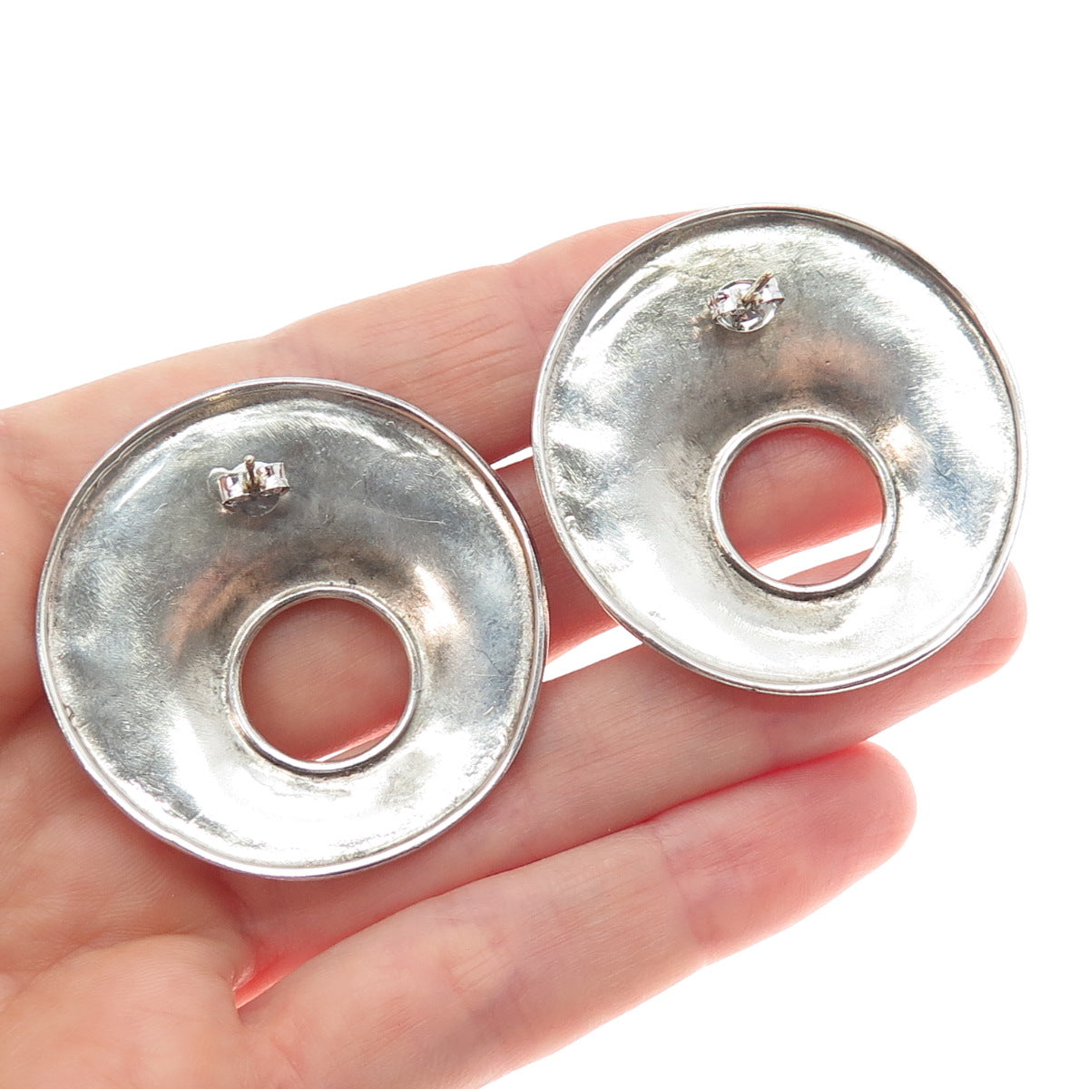 925 Sterling Silver Vintage Modernist Crescent Disc Earrings