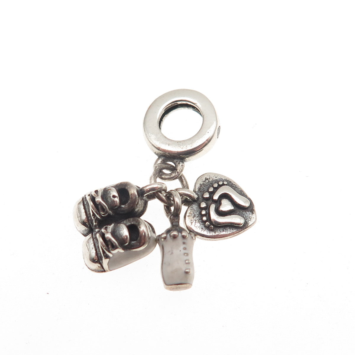 925 Sterling Silver Enamel & C Z Baby Bottle Shoes Dangle Slide Charm