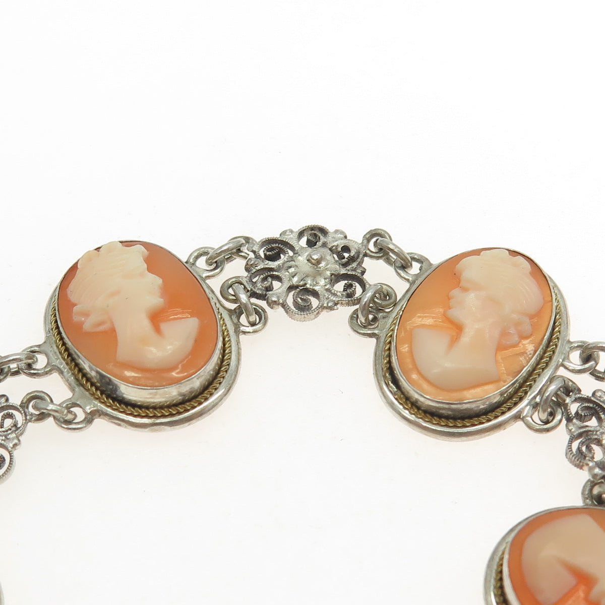 CAMEXCO 800 Silver Vintage Mother-Of-Pearl Cameo Victorian Lady Bracelet 6.75"