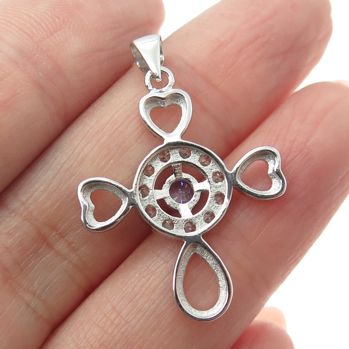 925 Sterling Silver Round-Cut Purple & White C Z Heart Cross Pendant