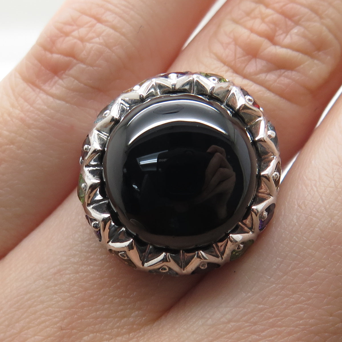 925 Sterling Silver Real Onyx Topaz Amethyst Citrine Peridot Garnet Ring Size 6