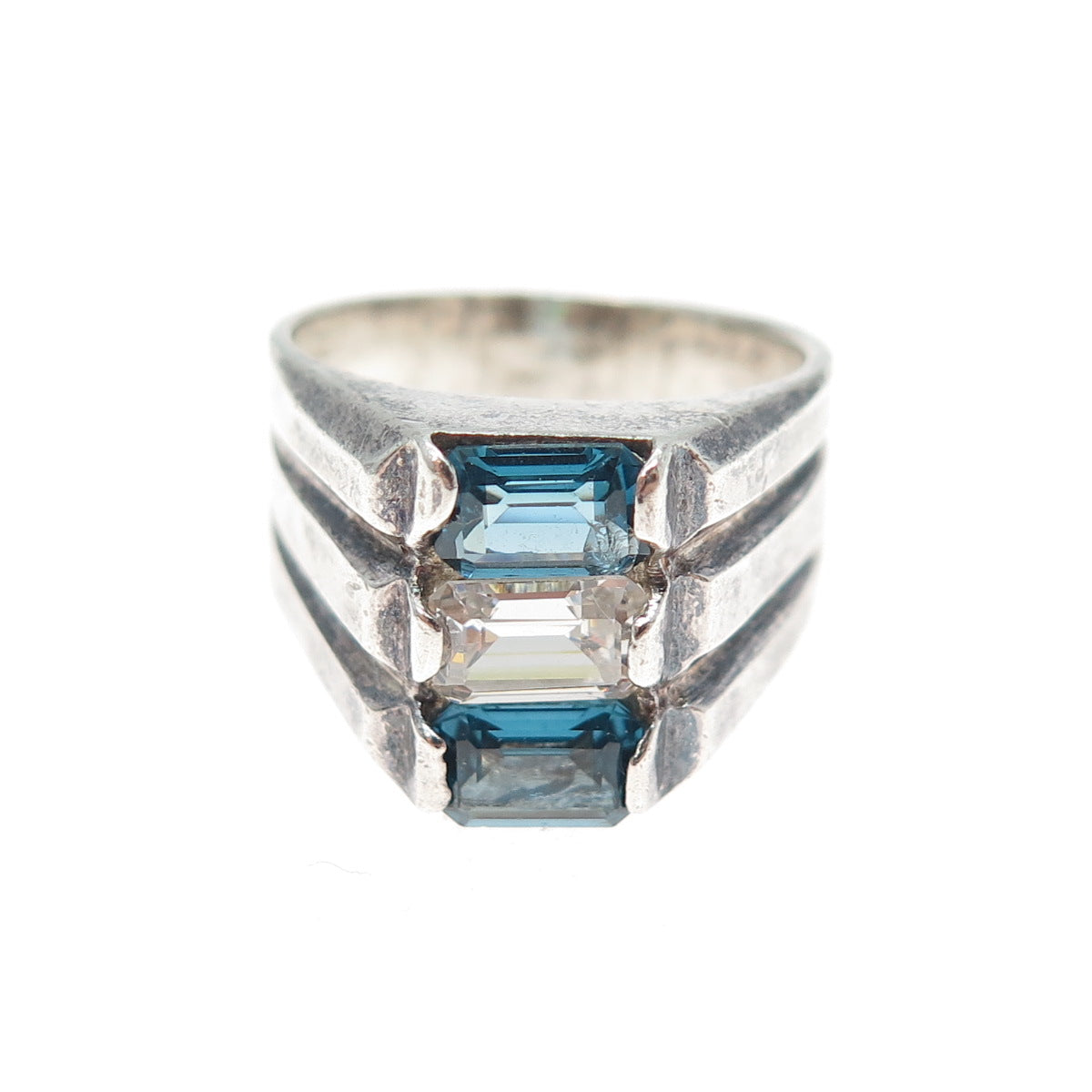 925 Sterling Silver Vintage Emerald-Cut Blue & White C Z Oxidized Ring Size 6