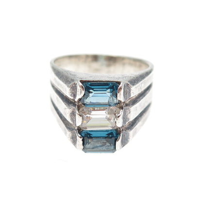925 Sterling Silver Vintage Emerald-Cut Blue & White C Z Oxidized Ring Size 6