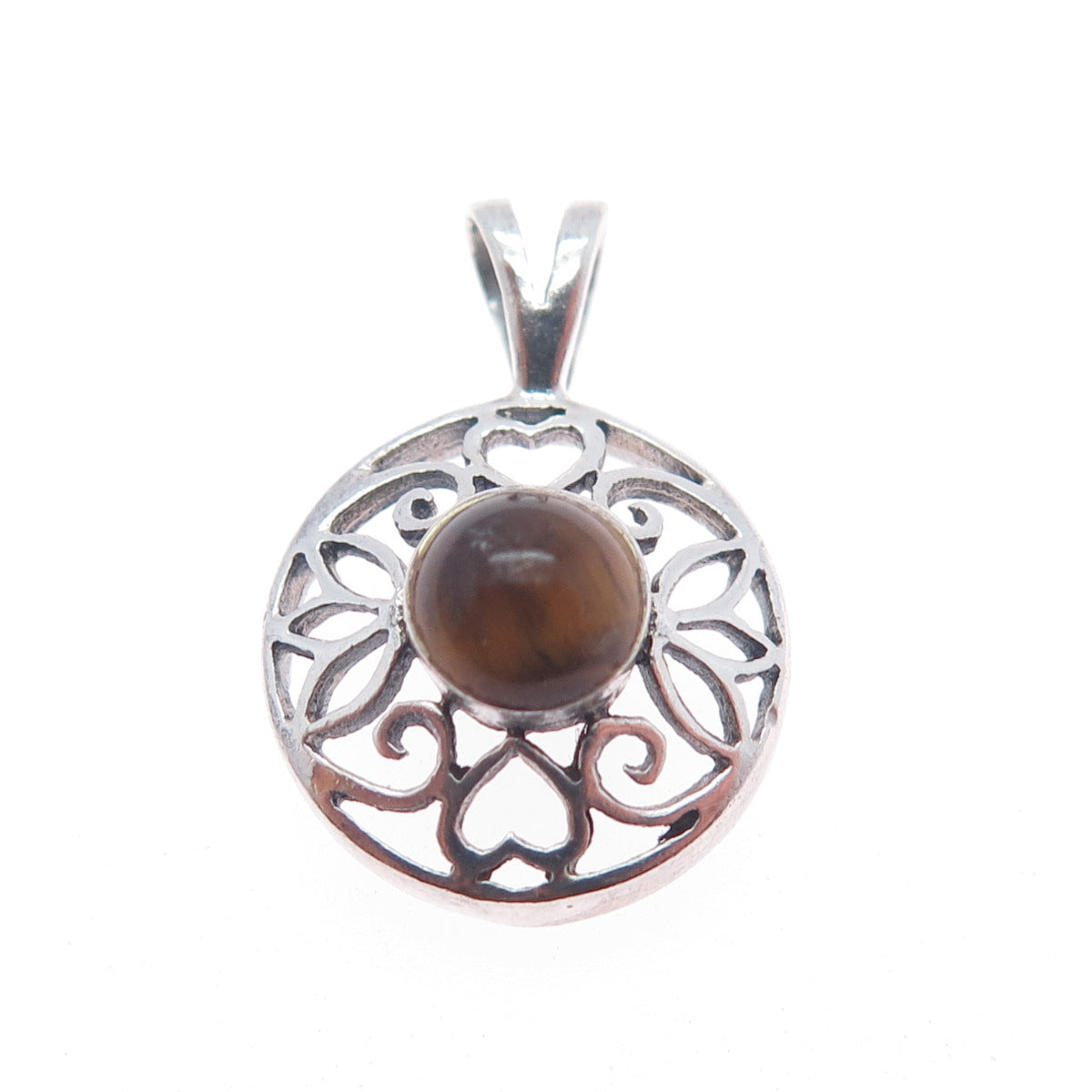 CHARLES WINSTON 925 Sterling Silver Vintage Real Tiger Eye Ornate Charm Pendant
