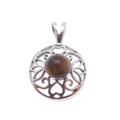 CHARLES WINSTON 925 Sterling Silver Vintage Real Tiger Eye Ornate Charm Pendant
