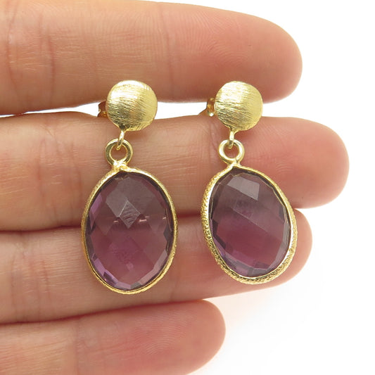 925 Sterling Silver Gold Plated Real Amethyst Modernist Dangle Earrings