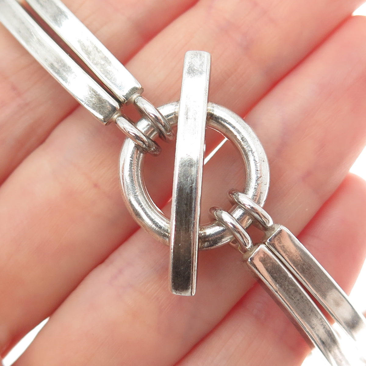 925 Sterling Silver Vintage CA Artisan Modernist Double Bar Link Bracelet 7"