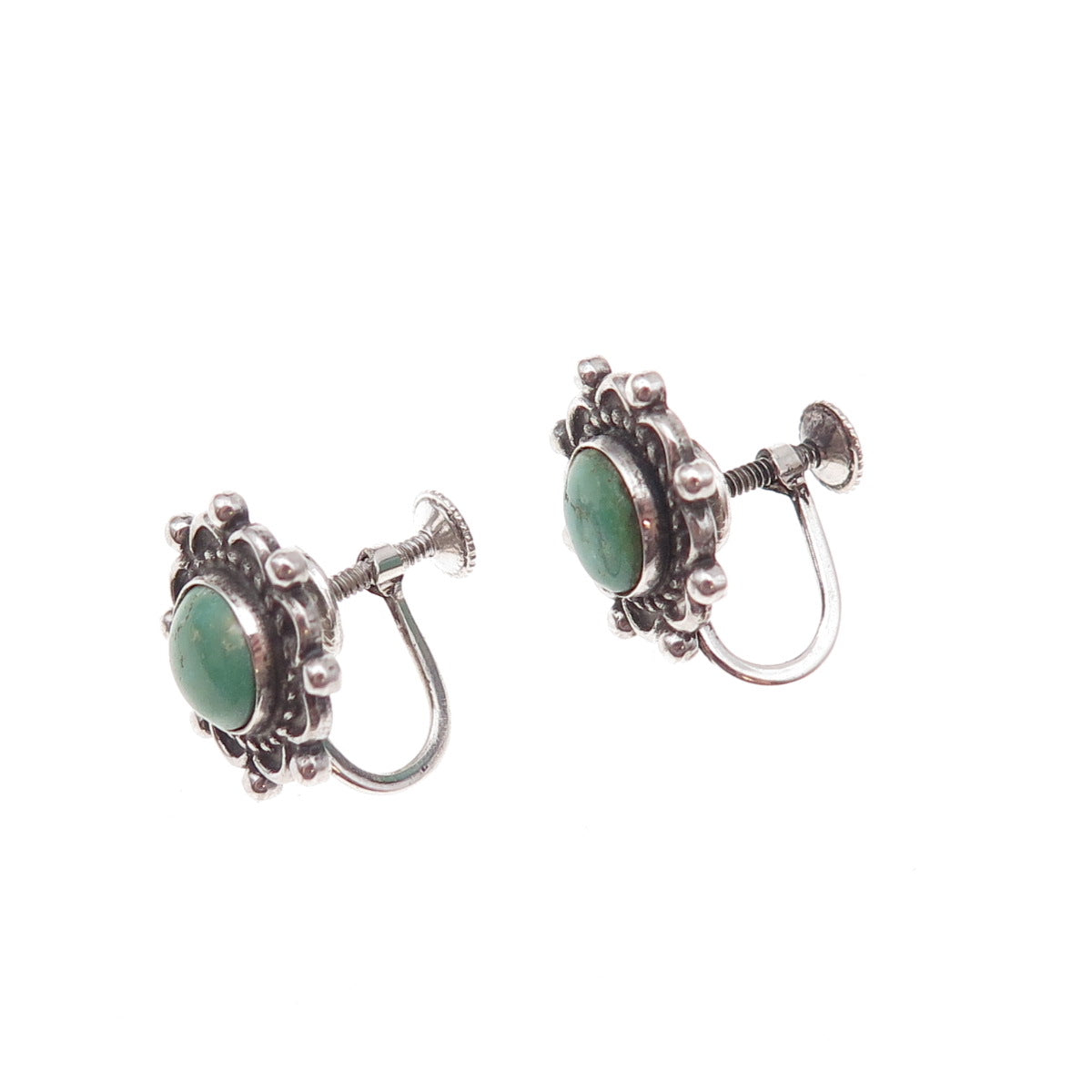 Old Pawn 925 Sterling Silver Vintage Turquoise Floral Tribal Screw Back Earrings