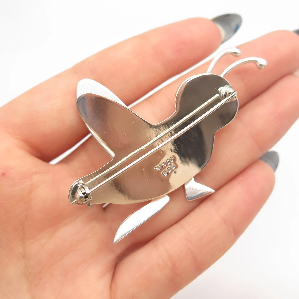 925 Sterling Silver Vintage Mexico Real Black Onyx Gem Grasshopper Pin Brooch