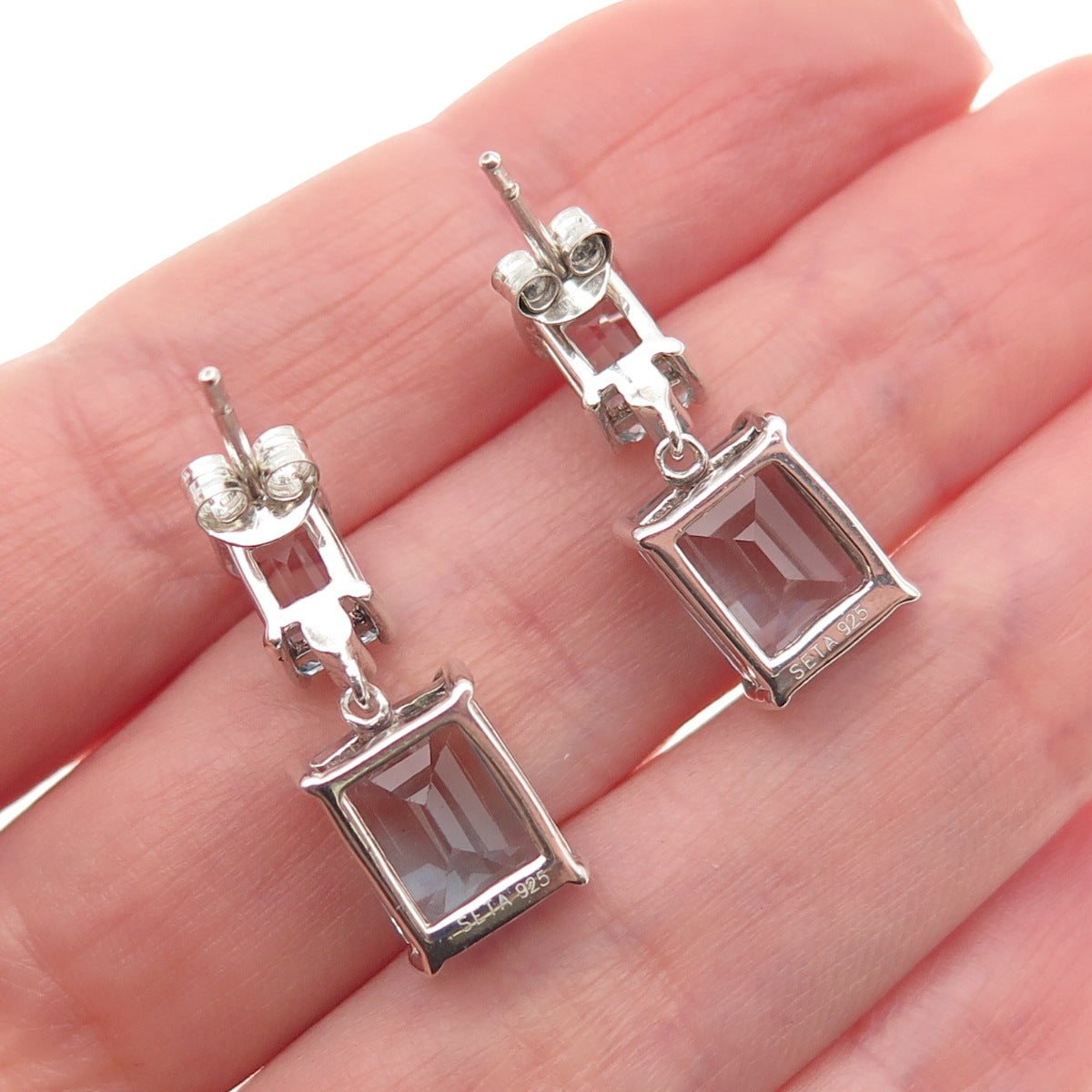 Seta 925 Sterling Silver Real Emerald-Cut Blue Topaz Dangle Earrings