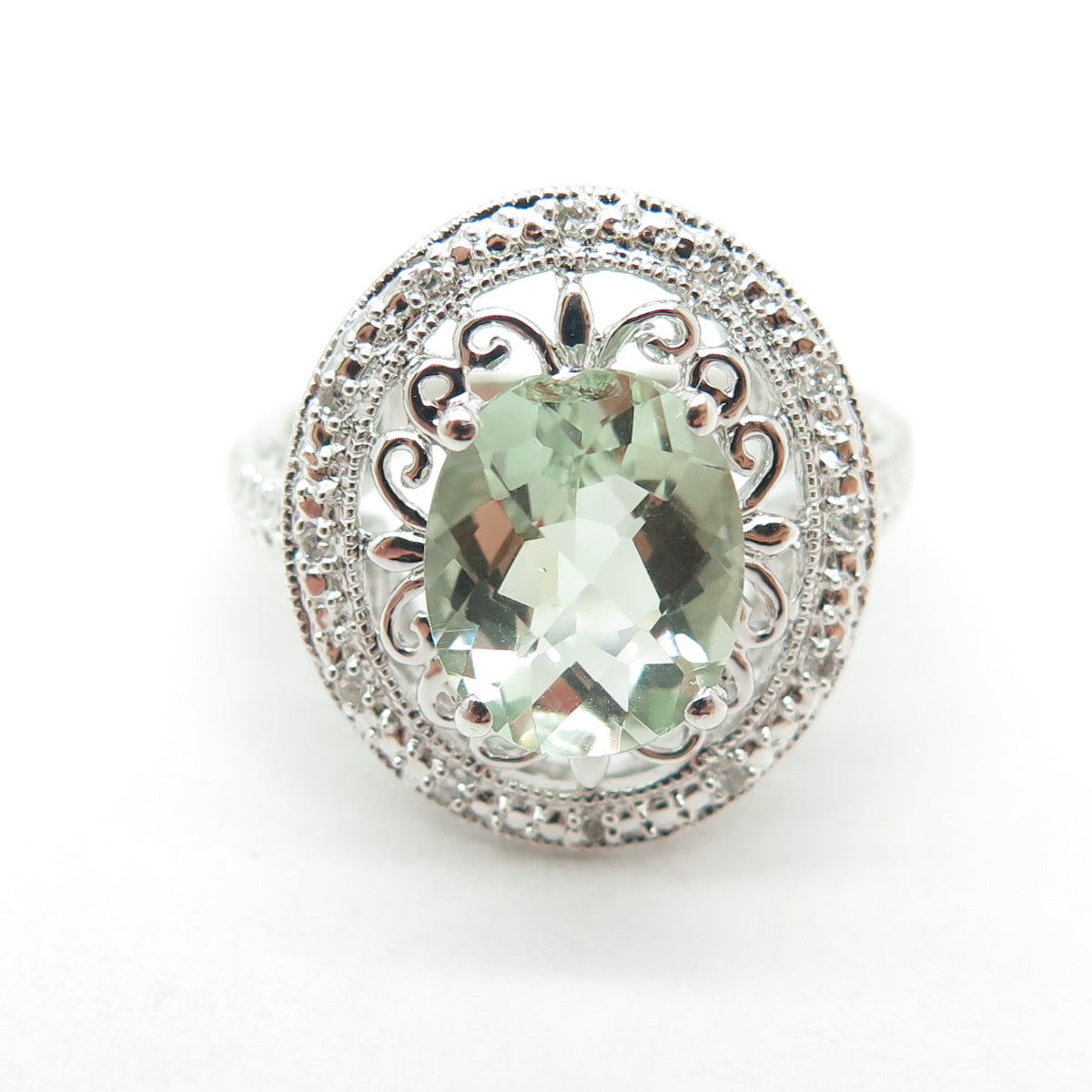 925 Sterling Silver Real Round-Cut Diamond & Green Amethyst Ring Size 7