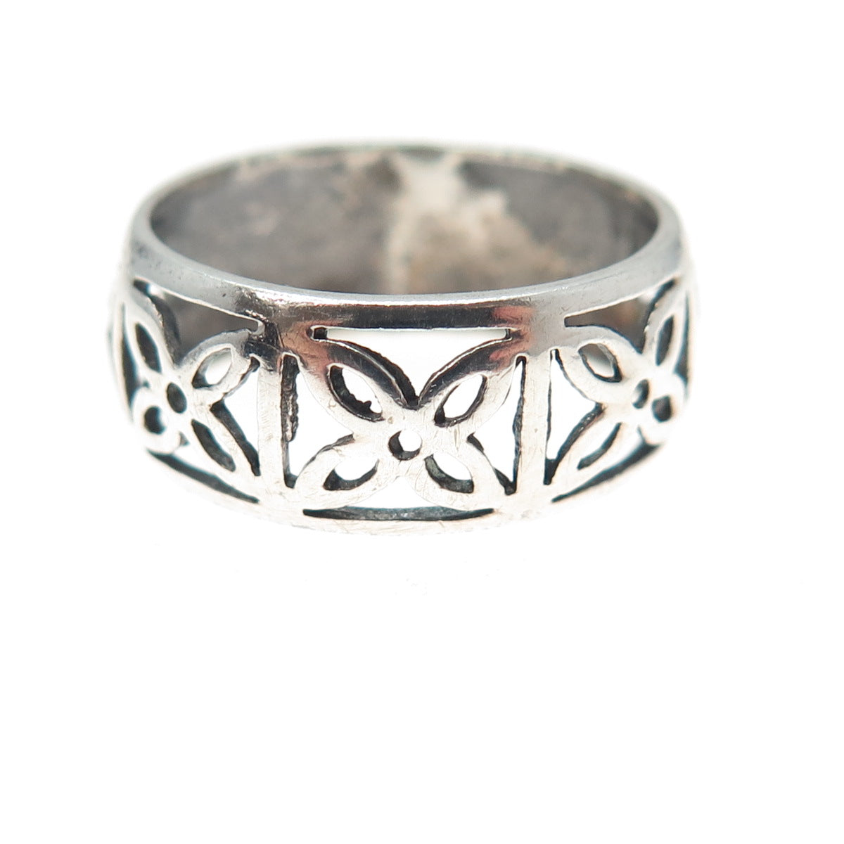 925 Sterling Silver Vintage Modernist Flower Oxidized Band Ring Size 8.25