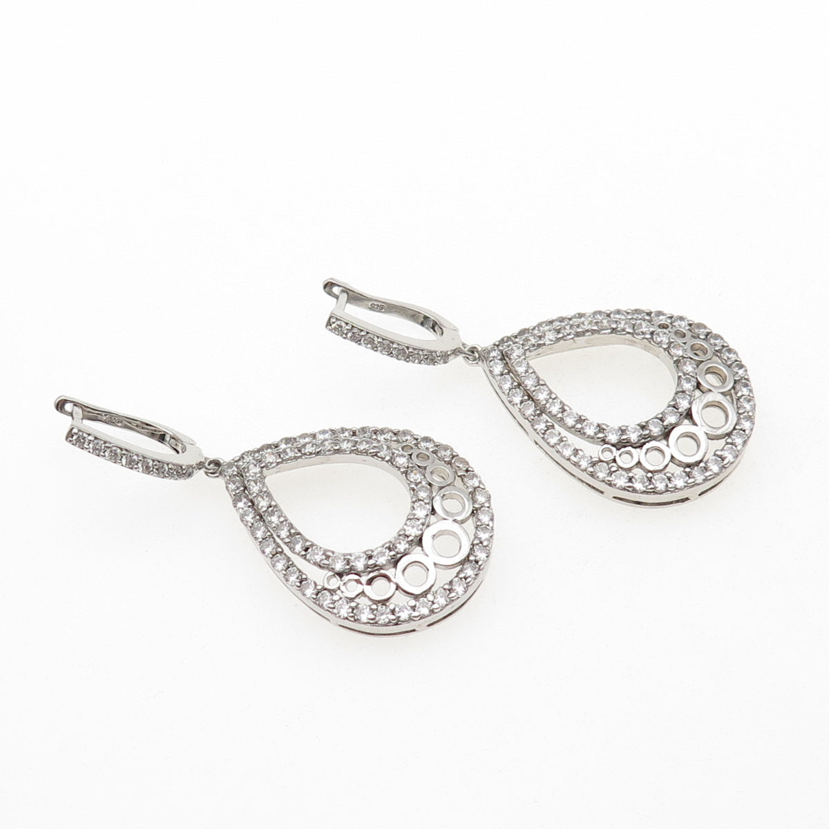 925 Sterling Silver Round-Cut C Z Teardrop Dangle Earrings