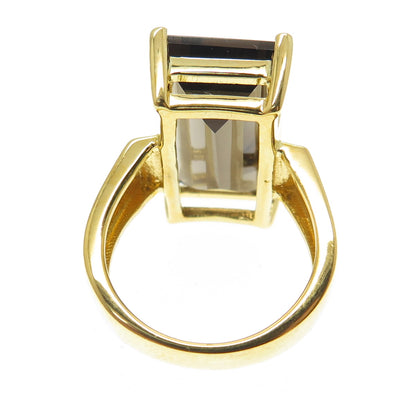 925 Sterling Silver Gold Plated Real Smoky Quartz Statement Ring Size 5.25