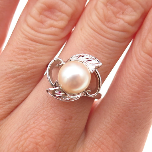 925 Sterling Silver Antique Art Deco Real Akoya Pearl Floral Ring Size 6.5