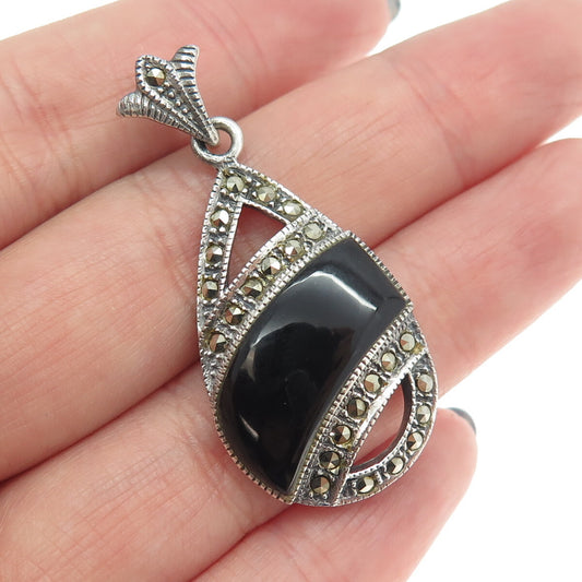 925 Sterling Silver Vintage Real Black Onyx & Marcasite Teardrop Pendant
