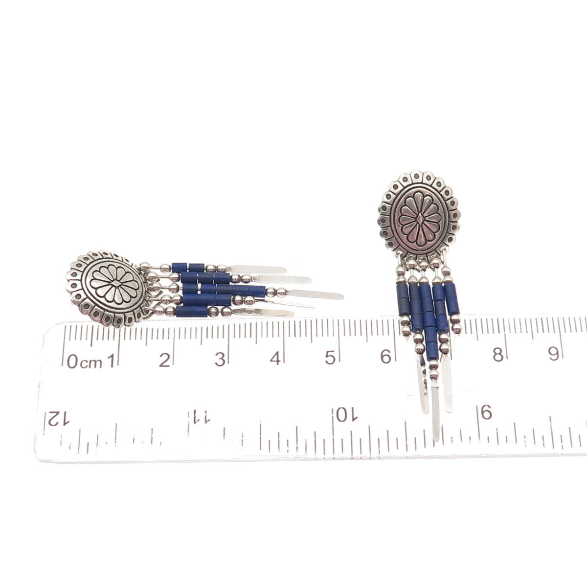 Quoc Turquoise Old Pawn 925 Sterling Silver Vintage Lapis Concho Dangle Earrings