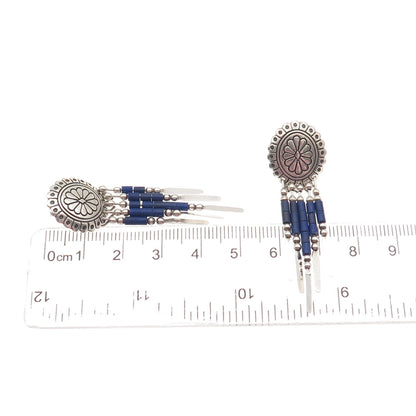Quoc Turquoise Old Pawn 925 Sterling Silver Vintage Lapis Concho Dangle Earrings