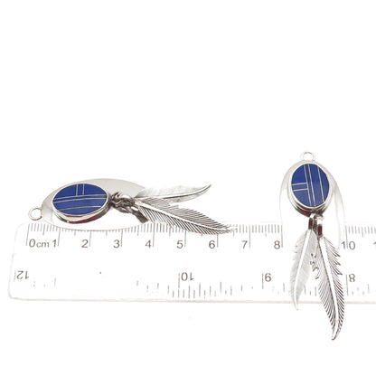 Old Pawn 925 Sterling Silver Vintage Lapis Feather Tribal Dangle Jacket Earrings