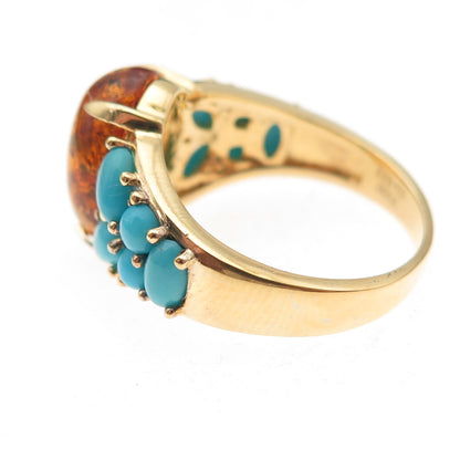 925 Sterling Silver Gold Plated Real Amber Turquoise White Topaz Ring Size 8.25