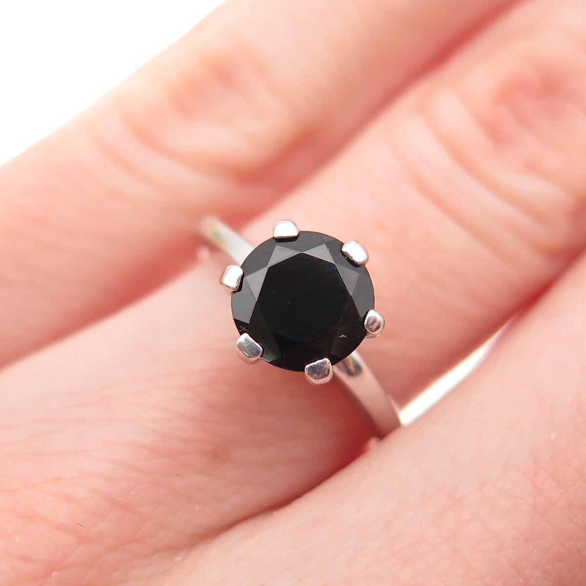 925 Sterling Silver Real Round-Cut Black Spinel Ring Size 5