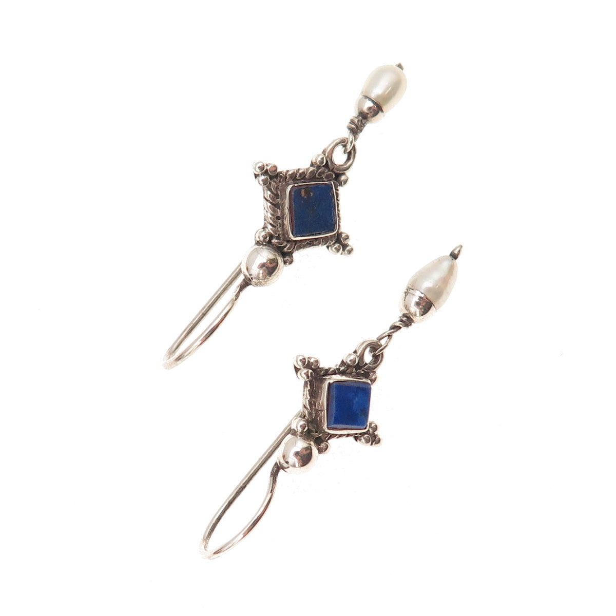 925 Sterling Silver Vintage Real Lapis & Pearl Modernist Dangle Earrings