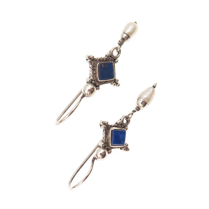 925 Sterling Silver Vintage Real Lapis & Pearl Modernist Dangle Earrings