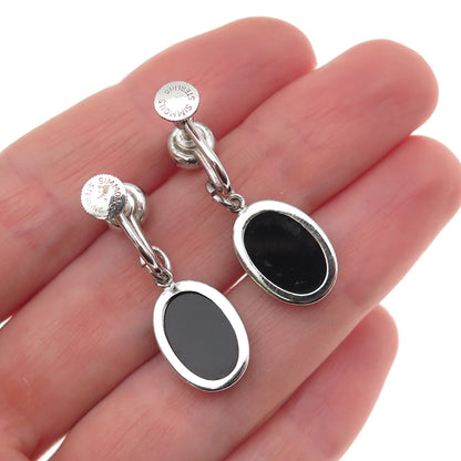 Simmons 925 Sterling Antique Art Deco Real Black Onyx Screw Back Dangle Earrings