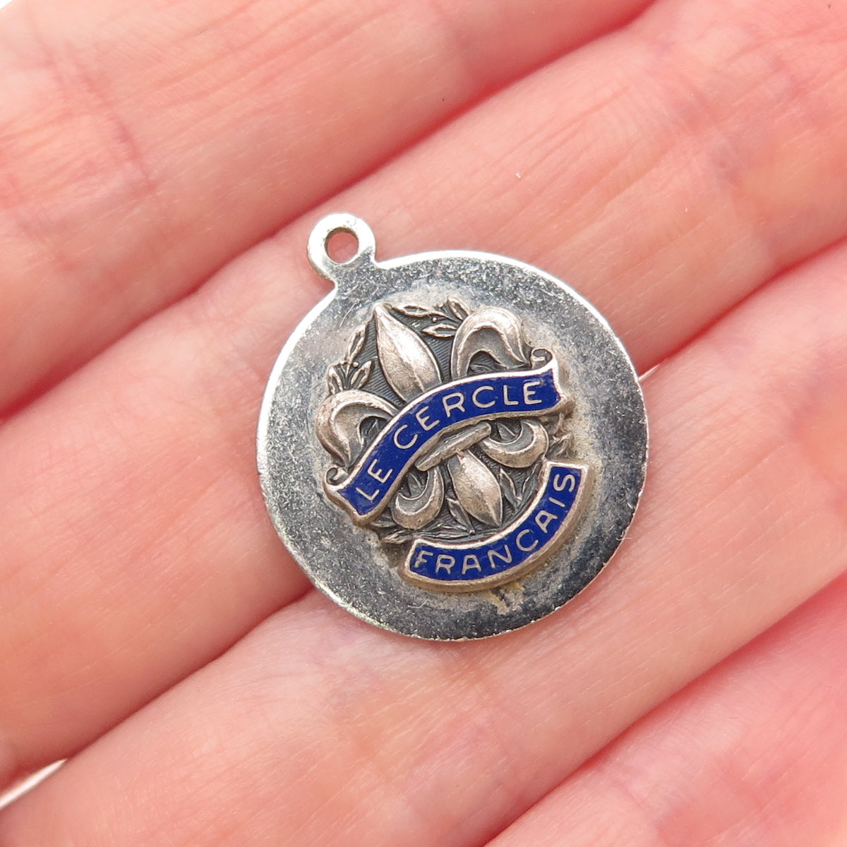 925 Sterling Vintage Enamel Le Cercle Francais High School Fleur de Lis Pendant