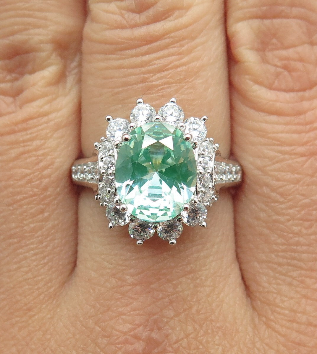 925 Sterling Silver Lab-Created Green Sapphire & C Z Ring Size 8