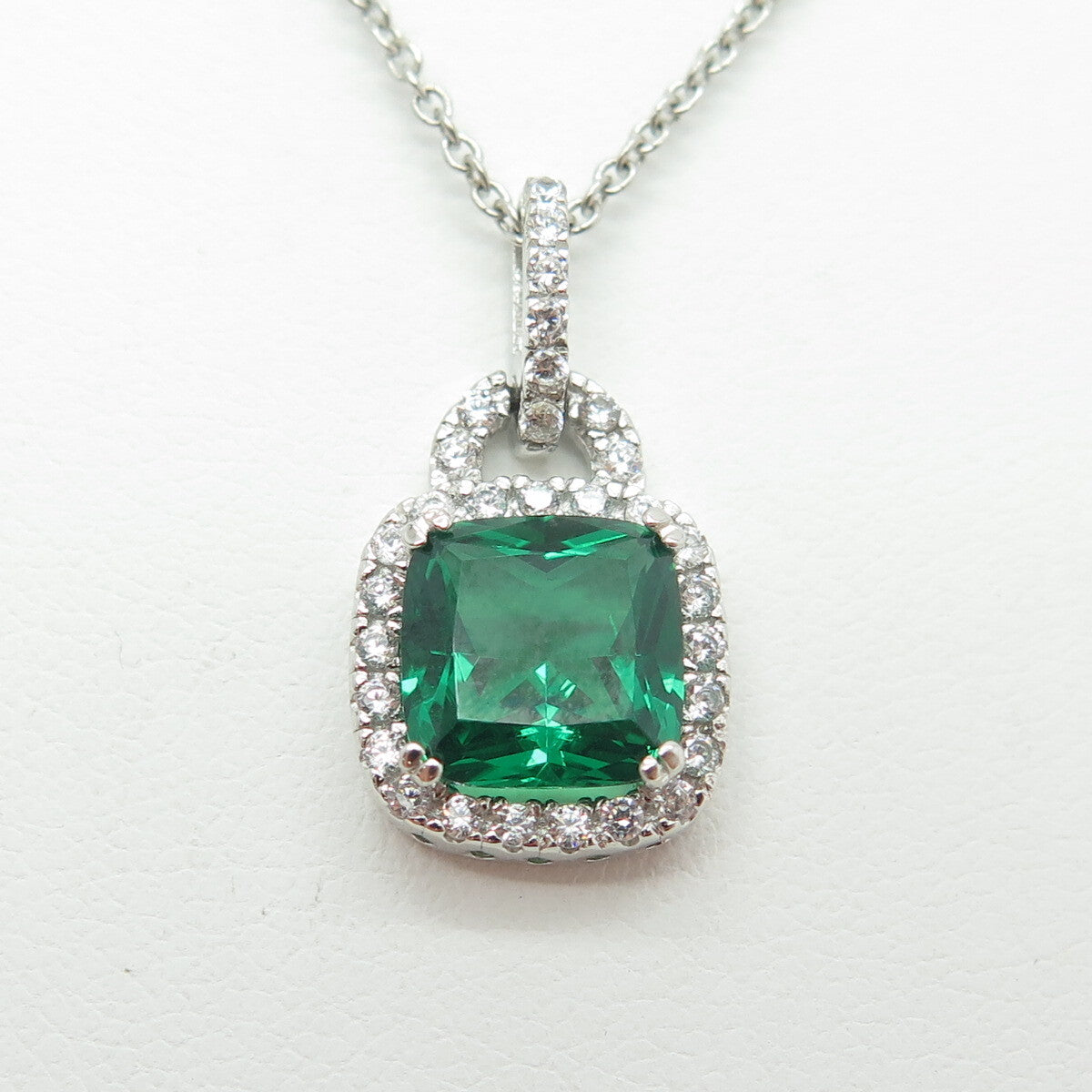 925 Sterling Silver Cushion & Round-Cut Green White C Z Cable Chain Necklace 18"