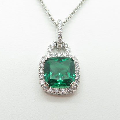 925 Sterling Silver Cushion & Round-Cut Green White C Z Cable Chain Necklace 18"