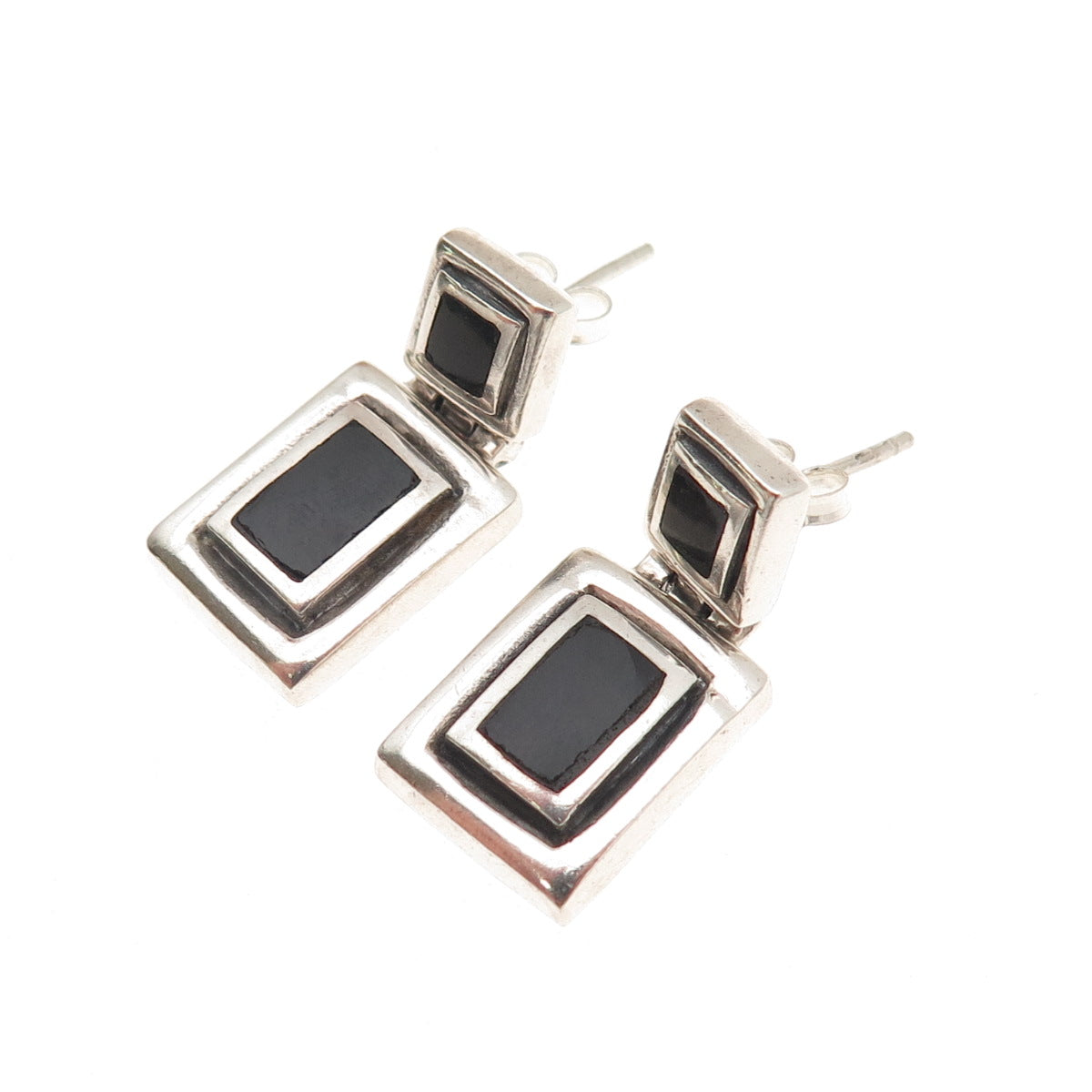 925 Sterling Silver Vintage Real Black Onyx Geometric Oxidized Earrings