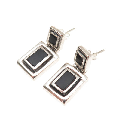 925 Sterling Silver Vintage Real Black Onyx Geometric Oxidized Earrings