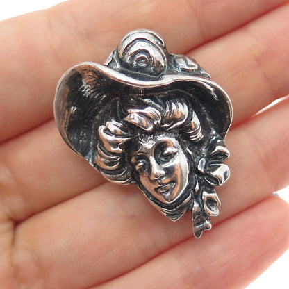 925 Sterling Silver Vintage Victorian Lady Oxidized Pin Brooch