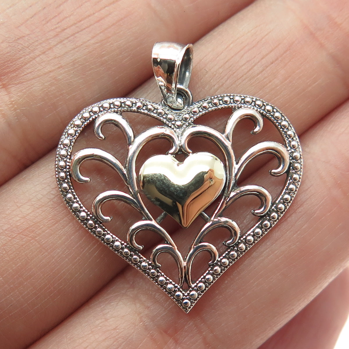 10K Yellow Gold & 925 Sterling Silver Ornate Heart Pendant