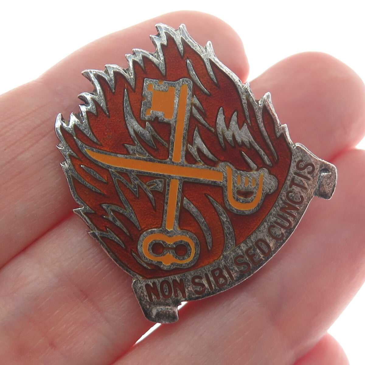 925 Sterling Silver Antique WWII Enamel US Army Non Sibi Sed Cunctis Pin Brooch