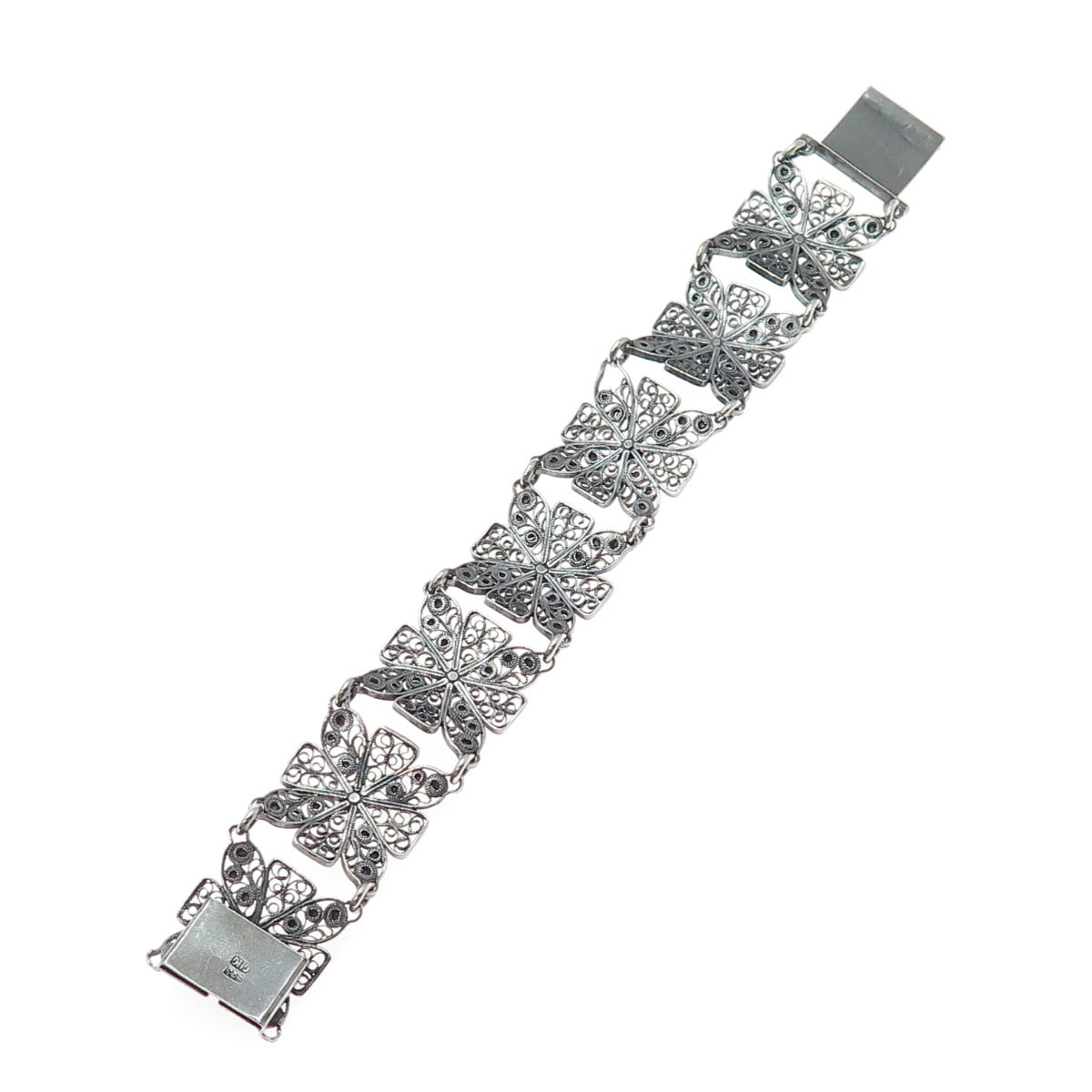 925 Sterling Silver Vintage GHG Artisan Cross Filigree Oxidized Bracelet 7.25"