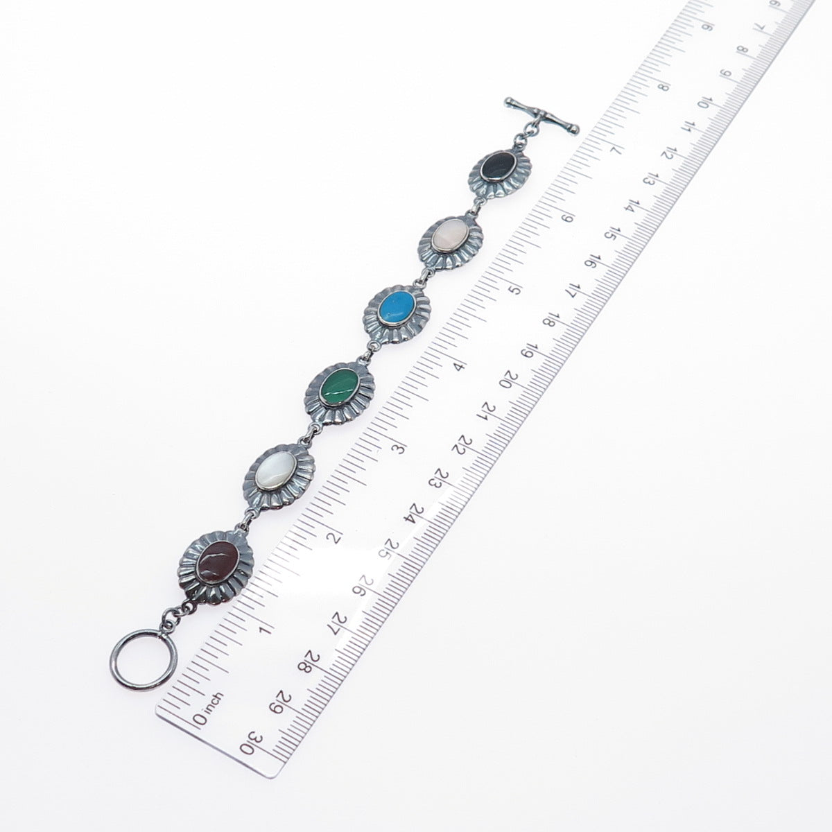 925 Sterling Vintage Turquoise Carnelian Black & Green Onyx MOP Bracelet 6.5"