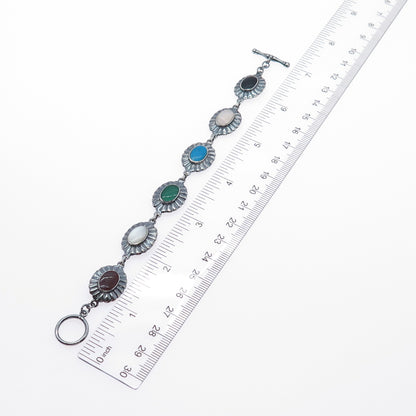925 Sterling Vintage Turquoise Carnelian Black & Green Onyx MOP Bracelet 6.5"