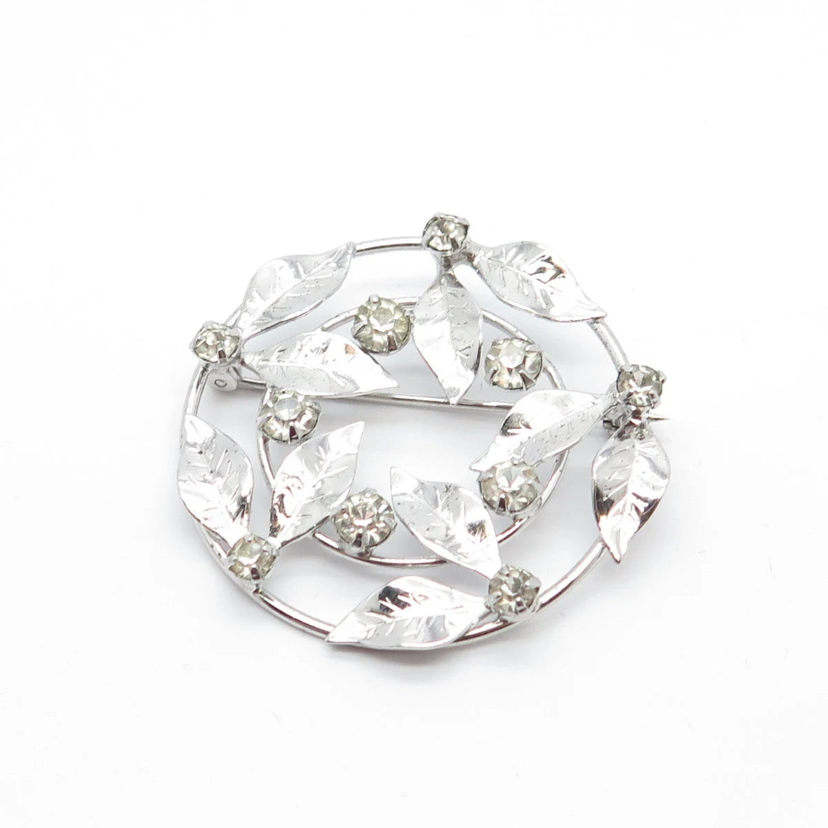 925 Sterling Silver Antique D'OR Rhinestone Leaves Round Pin Brooch