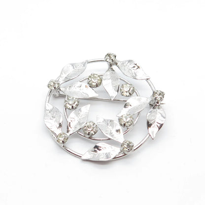 925 Sterling Silver Antique D'OR Rhinestone Leaves Round Pin Brooch